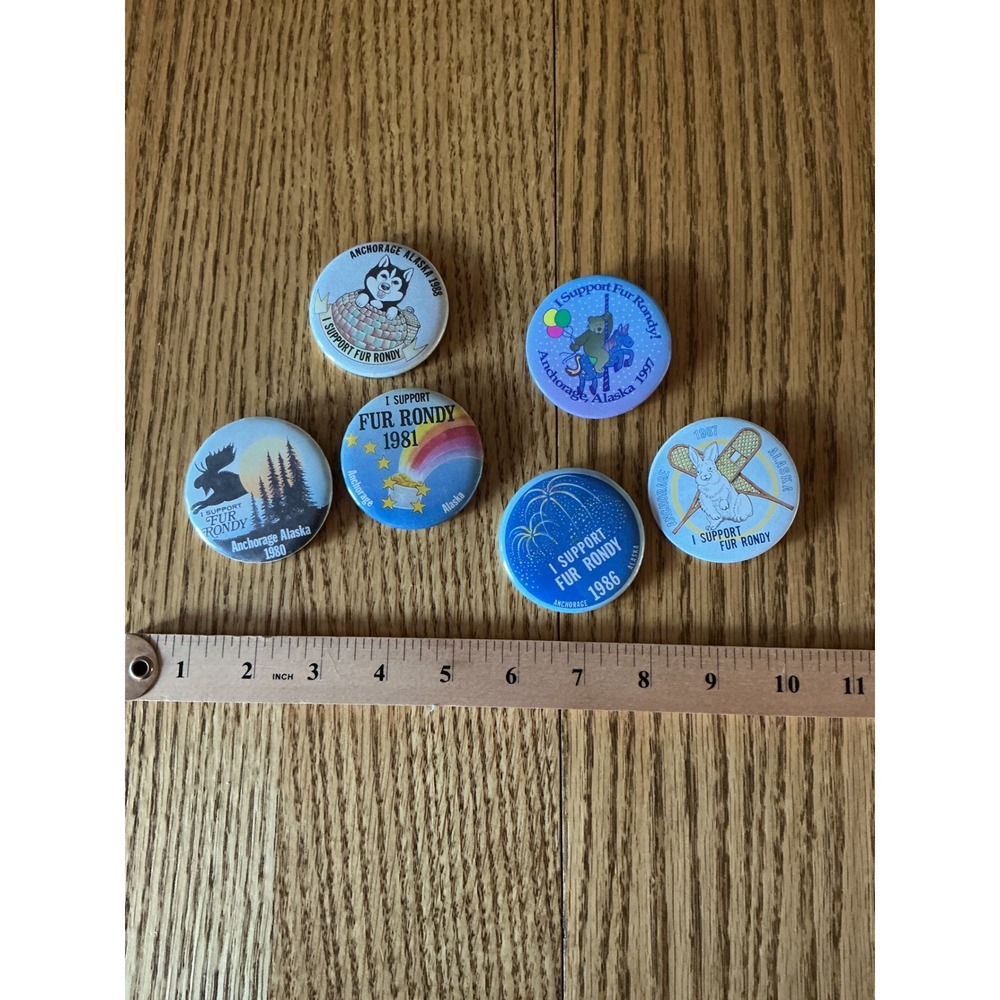 Vintage Anchorage Alaska Fur Rondy Pinback Buttons Lot 1980-1997 6pc I Support